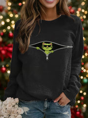 Funny Christmas Grinch Cat Print Sweat-shirt décontracté pour femmes