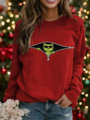 Funny Christmas Grinch Cat Print Sweat-shirt décontracté pour femmes