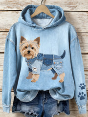 Femmes Denim Patchwork Art Yorkshire Terrier Chien Motif Sweat à capuche