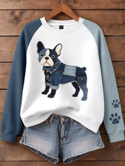 Femmes Denim Patchwork Art Français Bulldog Motif Sweatshirt