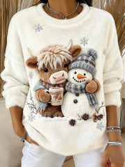 Sweat-shirt en flanelle à imprimé mignon Highland et bonhomme de neige pour femmes