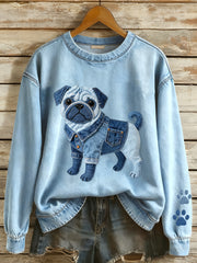 Lovely Pug Dog Denim Patchwork Sweatshirt Femme