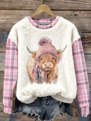 Mignon Highland Vache Plaid Imprimer Flanelle Casual Sweatshirt Femme