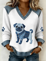 Femmes Lovely Pug Dog Pattern Denim Patchwork V-Neck Top