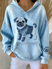 Lovely Pug Dog Denim Patchwork Sweat à capuche pour femmes