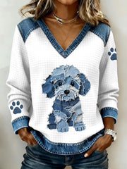 Lovely Dog Pattern Denim Patchwork V-Neck Top des femmes