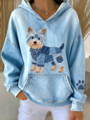 Femmes Denim Patchwork Art Yorkshire Terrier Chien Motif Sweat à capuche