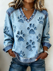 Sweat-shirt col V imprimé patte de chien pour femme