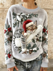 Mignon de Noël Cat Art Print Casual Flanelle Hoodie des femmes