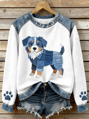 Beau motif de berger australien Denim Patchwork Waffle Sweatshirt des femmes