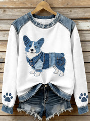 Lovely Corgi Pattern Denim Patchwork Waffle Sweatshirt Femme