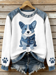Lovely Corgi Pattern Denim Patchwork Waffle Sweatshirt Femme