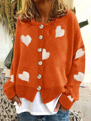 Cardigan tricoté à motif de coeur Saint-Valentin à manches longues pour femmes