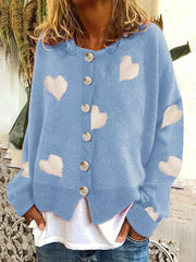 Cardigan tricoté à motif de coeur Saint-Valentin à manches longues pour femmes
