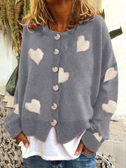 Cardigan tricoté à motif de coeur Saint-Valentin à manches longues pour femmes