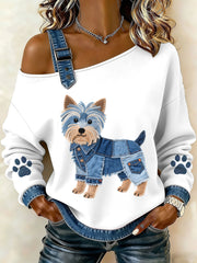 Femmes Lovely Yorkshire Terrier Motif Denim Patchwork Haut