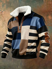 Hommes Retro Color Block Imprimer Casual col en fourrure à manches longues Sweat-shirt