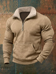 Hommes Rétro Couleur Pure Col De Fourrure Casual Zipper Sweatshirt
