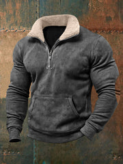 Hommes Rétro Couleur Pure Col De Fourrure Casual Zipper Sweatshirt