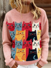 Pull décontracté imprimé de chats mignons pour femmes