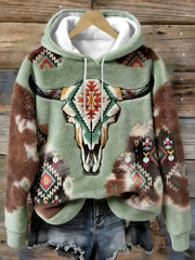 Sweat à capuche en flanelle pour femme Vintage Western Bull Skull Ethnic Cozy