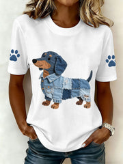 Denim Patchwork Art Teckel T-shirt pour femmes