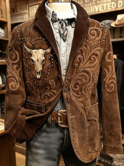 Blazer en velours côtelé rétro à tête de taureau de style occidental pour hommes
