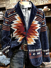 Blazer Vintage en Velours Côtelé Ethnique Motif Aztèque pour Homme