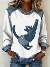 Patchwork Vintage de chat Imprimer Denim Patchwork Top des femmes