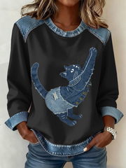 Patchwork Vintage de chat Imprimer Denim Patchwork Top des femmes