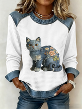 Patchwork Vintage de chat Imprimer Denim Patchwork Top des femmes