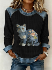 Patchwork Vintage de chat Imprimer Denim Patchwork Top des femmes