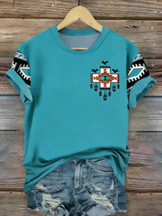 T-shirt à manches courtes décontracté à imprimé western aztèque pour femme