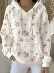Sweat à Capuche Femme Fleurs Roses En Flanelle