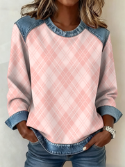 Sweatshirt Femme Patchwork Denim Imprimé Plaid Rose