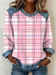 Sweatshirt Femme Patchwork Denim Imprimé Plaid Rose