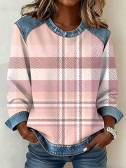 Sweatshirt Femme Patchwork Denim Imprimé Plaid Rose