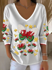 Wales Welsh Rugby Art T-shirt à col en V imprimé pour femme