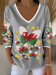 Wales Welsh Rugby Art T-shirt à col en V imprimé pour femme