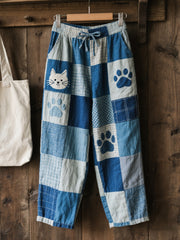 Joli motif de chat Patchwork Art Lin Pantalon des femmes