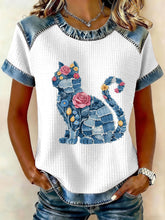 T-shirt décontracté pour femmes à imprimé chat et fleurs