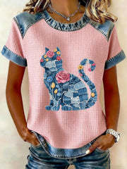 T-shirt décontracté pour femmes à imprimé chat et fleurs