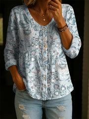Chemise décontractée en coton et lin à imprimé floral pour femme