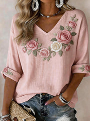 Chemise en mélange de lin à motif brodé de roses romantiques pour femme