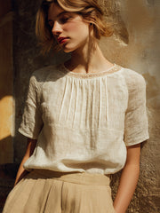 Chemise élégante pour femme en mélange de lin à empiècements en dentelle