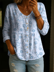Chemise décontractée en coton et lin à imprimé floral pour femme