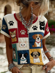 T-shirt décontracté pour femme avec imprimé chat et chien