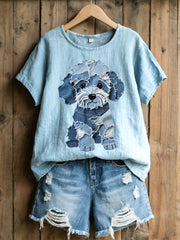 Lovely Dog Denim Patchwork Chemise en mélange de lin pour femmes