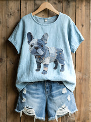 Lovely French Bulldog Denim Patchwork Chemise en mélange de lin pour femmes