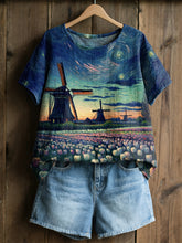 Chemise décontractée à manches courtes pour femme, style rétro, avec impression peinture à l’huile du ciel étoilé, moulin à vent et tulipes